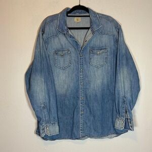 Trevero Mens XXL Denim Western Pearl Snap Shirt Blue Long Sleeve Cotton Workwear